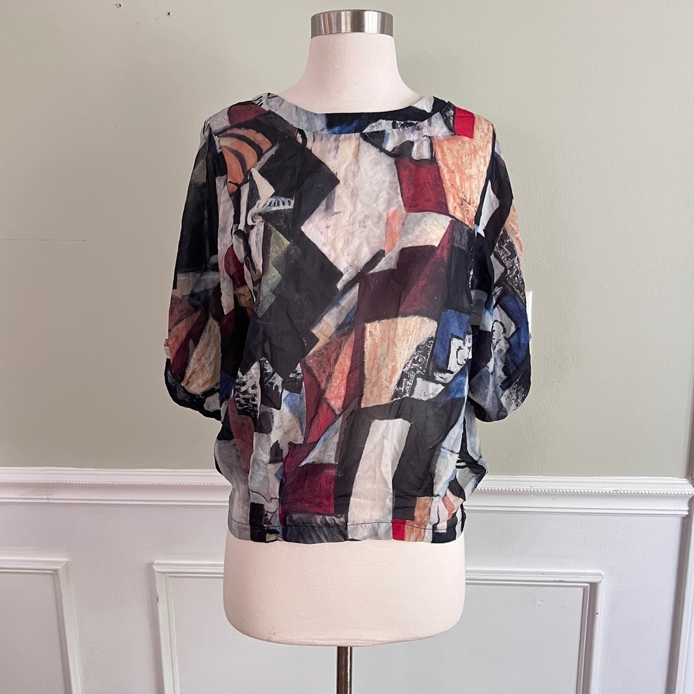 Kinross‎ Abstract Art Blouse Womens M 3/4 Sleeve Boat Neck Multicolor Artsy
